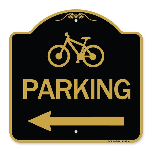 BicycleParking Left Arrow, Black & Gold Aluminum Architectural Sign, 18" x 18", BG-1818-24316